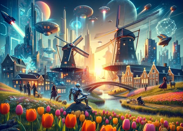 Tulpen op de voorgrond, klassieke huisjes en molens in de verte. Op de achtergrond futuristische wolkenkrabbels.